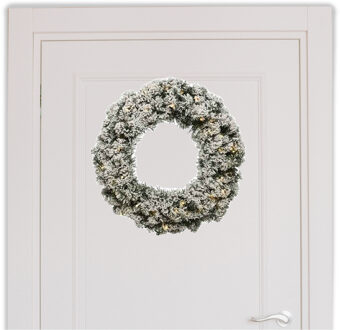 Decoris Kerstkrans groen met kunstsneeuw en verlichting D50 cm