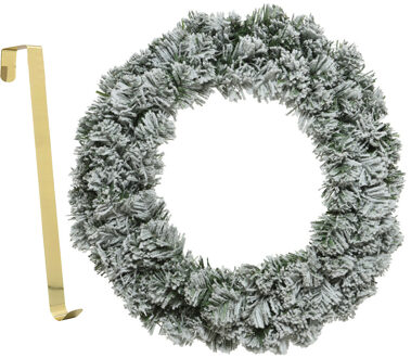 Decoris Kerstkrans groen met sneeuw 35 cm kunststof incl. deurhanger - Kerstkransen