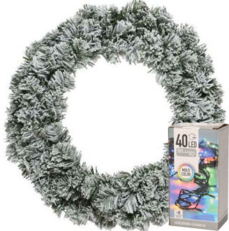 Decoris Kerstkrans groen met sneeuw 40 cm incl. verlichting gekleurd 4m - Kerstkransen