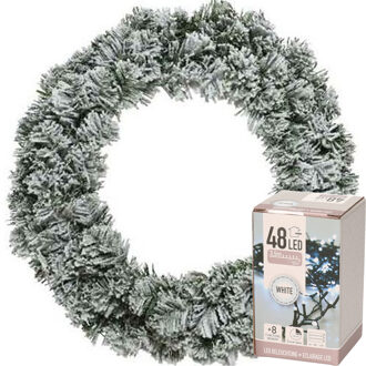 Decoris Kerstkrans groen met sneeuw 40 cm incl. verlichting helder wit 4m