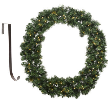 Decoris Kerstkrans groen met verlichting 50 cm kunststof incl. deurhanger