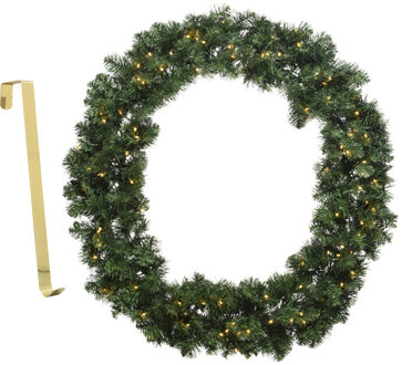 Decoris Kerstkrans groen met verlichting 60 cm kunststof incl. deurhanger - Kerstkransen