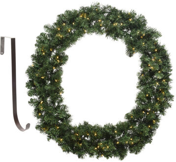 Decoris Kerstkrans groen met verlichting 60 cm kunststof incl. deurhanger