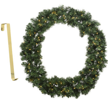 Decoris Kerstkrans groen met verlichting en timer 50 cm kunststof incl. deurhanger