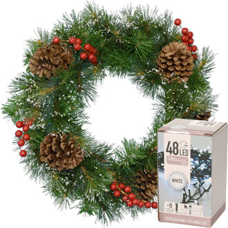 Decoris Kerstkrans met versiering en sneeuw 50 cm incl. verlichting helder wit 4m - Kerstkransen Groen