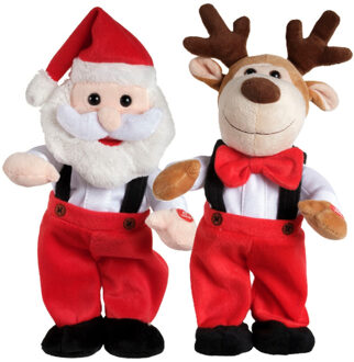 Decoris Kerstman pop - en rendier pop - met beweging en geluid - 32 cm - dansen en zingend