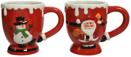 Decoris kerstmokken - 2x st - rood - 300 ml - keramiek - sneeuwpop en kerstman print