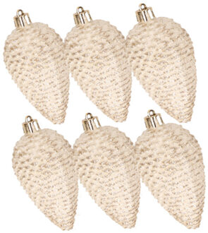 Decoris Kerstornamenten kunststof dennenappels 6x stuks beige glitter 8 cm - Kersthangers