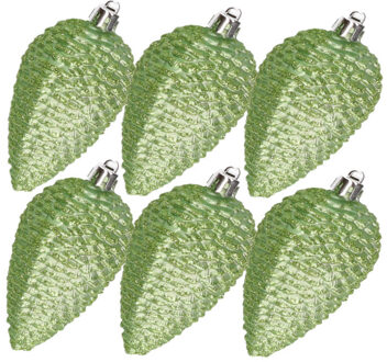 Decoris Kerstornamenten kunststof dennenappels 6x stuks groen glitter 8 cm - Kersthangers