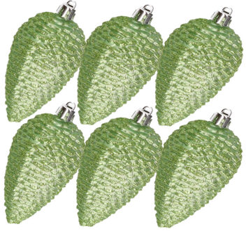 Decoris Kerstornamenten kunststof dennenappels 6x stuks groen glitter 8 cm