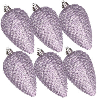 Decoris Kerstornamenten kunststof dennenappels 6x stuks lila paars glitter 8 cm