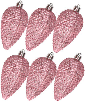 Decoris Kerstornamenten kunststof dennenappels 6x stuks roze glitter 8 cm - Kersthangers