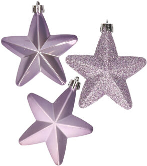 Decoris Kerstornamenten kunststof sterren 6x st lila paars 7 cm