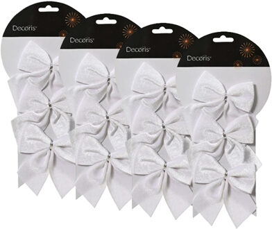 Decoris Kerstornamenten strikken - 12x - velvet wit - 9 x 10 cm - kerstboomstrikjes