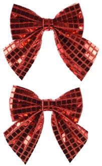 Decoris Kerstornamenten strikken - 2x - rode pailletten - 12 x 13 cm - kerstboomstrikjes Rood