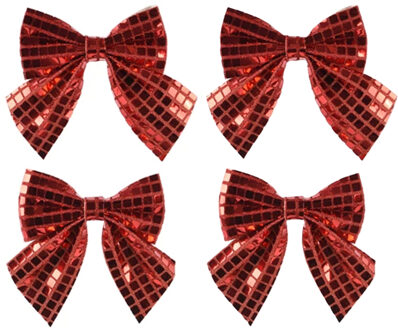 Decoris Kerstornamenten strikken - 4x - rode pailletten - 12 x 13 cm - kerstboomstrikjes