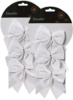 Decoris Kerstornamenten strikken - 6x - velvet wit - 9 x 10 cm - kerstboomstrikjes