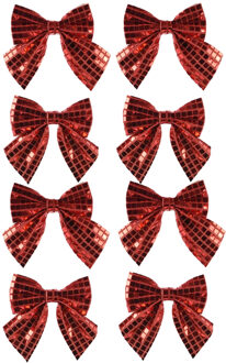 Decoris Kerstornamenten strikken - 8x - rode pailletten - 12 x 13 cm - kerstboomstrikjes