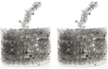 Decoris Kerstslinger - 2x - guirlande - met sterren - zilver - glanzende lametta - 700 cm