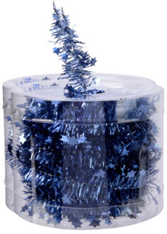 Decoris kerstslinger - 2x st- met sterren - donkerblauw - lametta - 700 cm