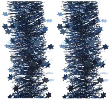 Decoris Kerstslinger - 2x - sterren - donkerblauw - 270 x 10 cm - lametta/folie - kerstboomslinger