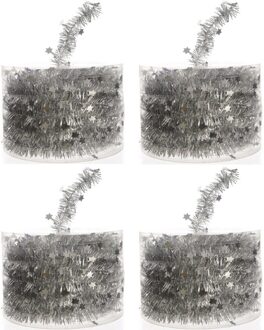 Decoris Kerstslinger - 4x - guirlande - met sterren - zilver - glanzende lametta - 700 cm