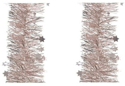 Decoris Kerstslinger - 4x stuks - sterren - lichtroze - 270 x 10 cm - lametta/folie - kerstboomslinger