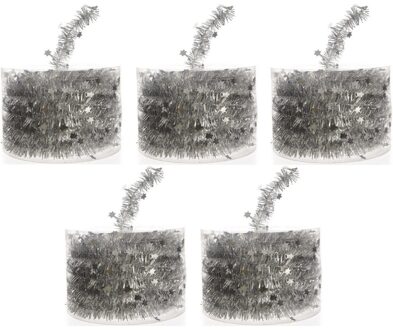 Decoris Kerstslinger - 5x - guirlande - met sterren - zilver - glanzende lametta - 700 cm