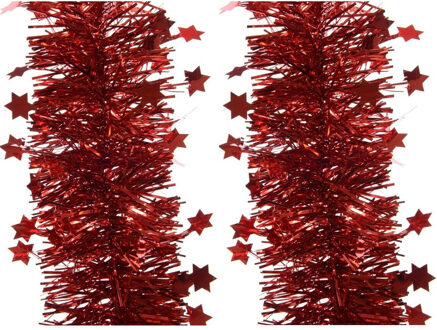 Decoris kerstslingers - 2x - sterren - rood - 270 x 10 cm - folie/tinsel - lametta