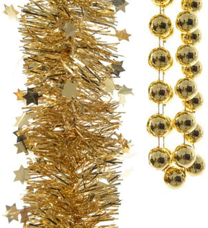 Decoris Kerstslingers - 3x stuks - goud - kralenslinger - folie slingers - sterren - kerstversiering