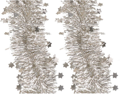 Decoris kerstslingers - 4x - licht champagne - 270 x 10 cm - tinsel/folie - sterren - lametta slinge