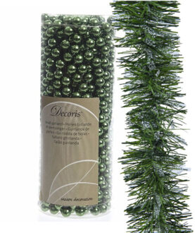 Decoris Kerstslingers -set 2x st -kralenslinger en folieslinger -donkergroen - kunststof