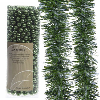 Decoris Kerstslingers -set 3x st -kralenslinger en folieslingers -donkergroen - kunststof