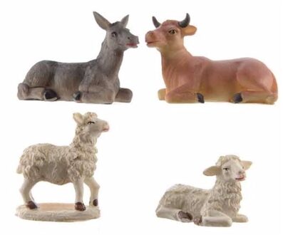 Decoris Kerststal dierenbeeldjes - 4x stuks - os - ezel - schapen - 9 cm - polystone