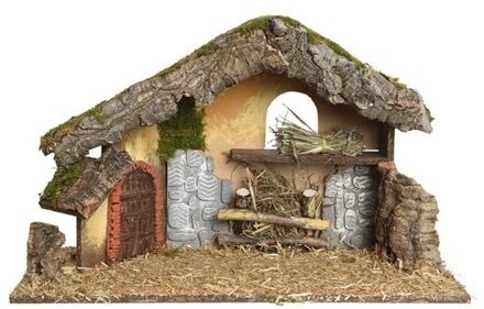 Decoris kerststal leeg - bruin - hout/mos/stro - 50 cm - kerstdecoratie - kerstversiering