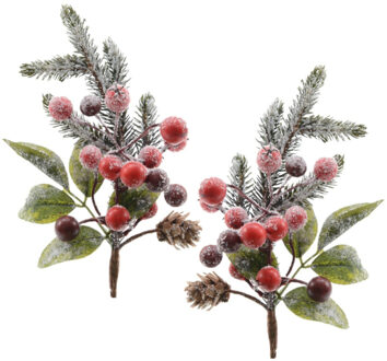 Decoris Kerststukje instekertjes - 2x - bessen/sneeuw - groen/rood - 20 cm