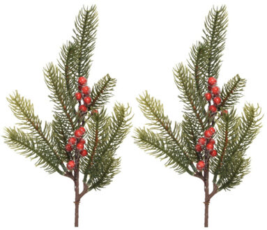Decoris kersttak - 2x - groen met bes - 36 cm - voor kerststukjes - Decoratieve tak kerst