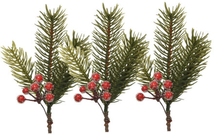 Decoris Kersttakken/dennentakken - 3x - groen met bessen - 21.5 cm