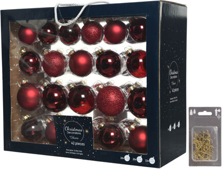 Decoris Kerstversiering glazen kerstballen mix pakket 5-6-7 cm donkerrood 42x stuks met haakjes - Kerstbal