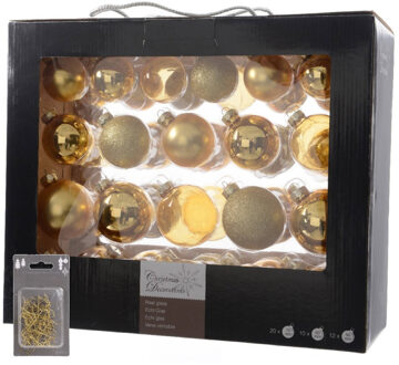 Decoris Kerstversiering glazen kerstballen mix pakket 5-6-7 cm goud 42x stuks met haakjes