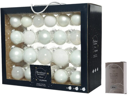 Decoris Kerstversiering glazen kerstballen mix pakket 5-6-7 cm wit 42x stuks met haakjes - Kerstbal