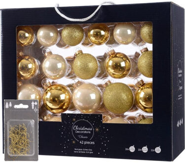 Decoris Kerstversiering glazen kerstballen mix set 5-6-7 cm goud/champagne 42x stuks met haakjes - Kerstbal Goudkleurig