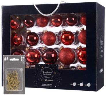 Decoris Kerstversiering glazen kerstballen mix set 5-6-7 cm rood/donkerrood 42x stuks met haakjes - Kerstbal