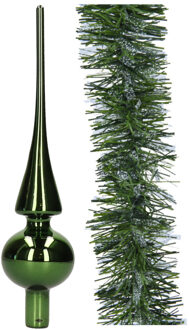 Decoris Kerstversiering glazen piek 26 cm glans - met kerstslinger 270 cm - donkergroen