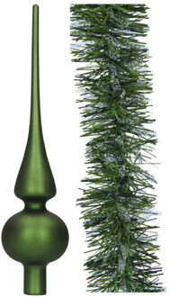 Decoris Kerstversiering glazen piek 26 cm mat - met kerstslinger 270 cm - donkergroen
