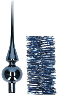 Decoris Kerstversiering glazen piek glans 26 cm en folieslingers pakket donkerblauw van 3x stuks