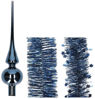 Decoris Kerstversiering glazen piek glans 26 cm en folieslingers pakket donkerblauw van 3x stuks