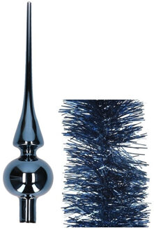Decoris Kerstversiering glazen piek glans 26 cm en folieslingers pakket donkerblauw van 3x stuks