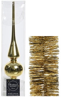 Decoris Kerstversiering glazen piek glans 26 cm en folieslingers pakket goud van 2x stuks