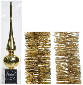 Decoris Kerstversiering glazen piek glans 26 cm en folieslingers pakket goud van 3x stuks